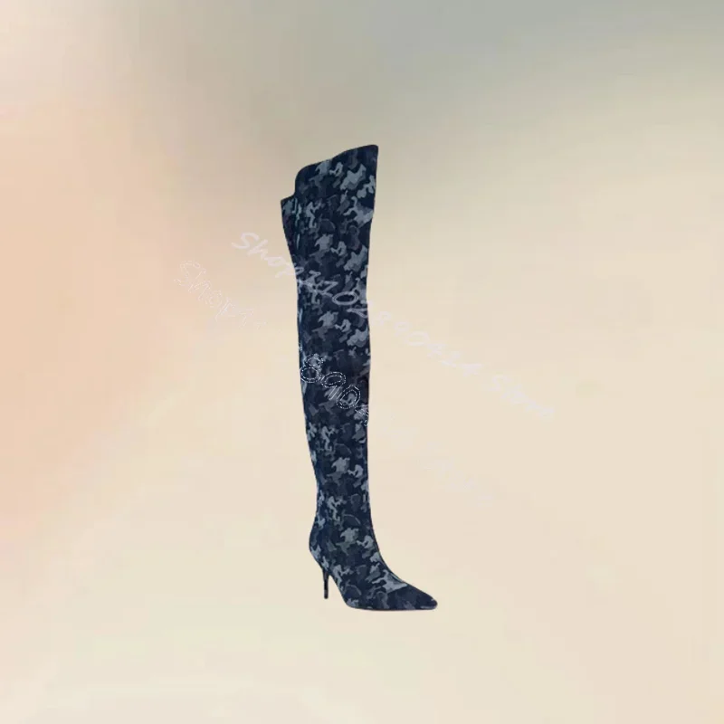 أحذية نسائية بتصميم مموه أزرق بمقدمة مدببة وسحاب جانبي أحذية نسائية بكعب عالي رفيع موضة مأدبة الحفلات 2024 Zapatos Para Mujere