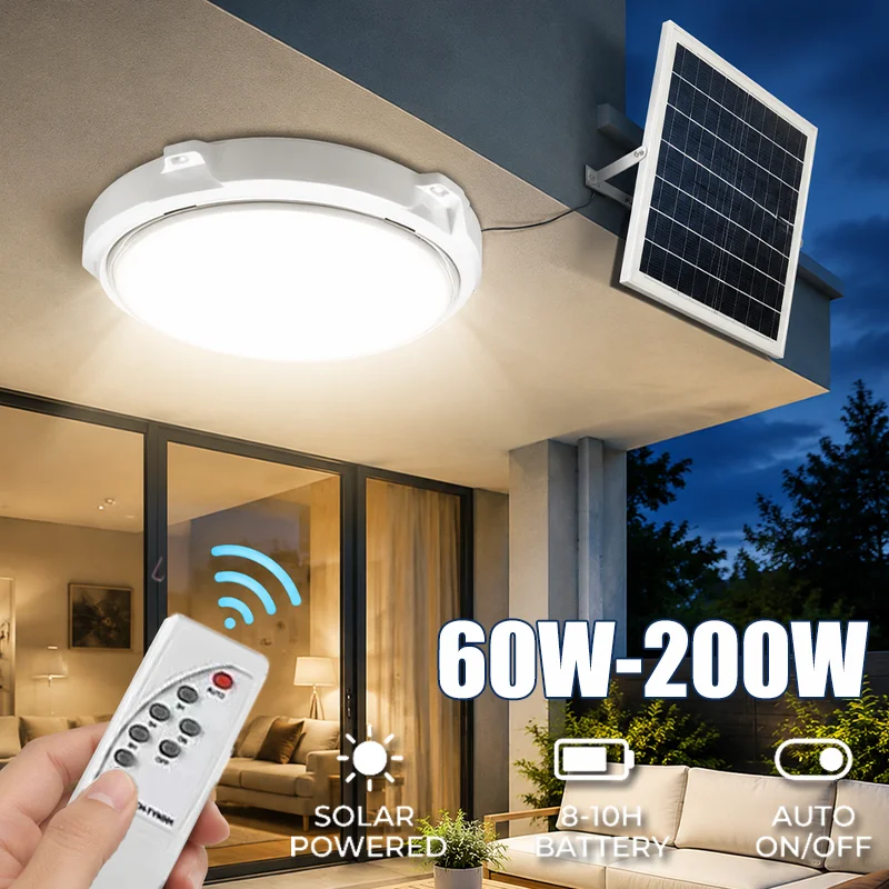 60W/100W/200W Solar Ceiling Light Waterproof LED Top Ceiling Lamp With Remote Control for Living Room Garden Garage Lighting