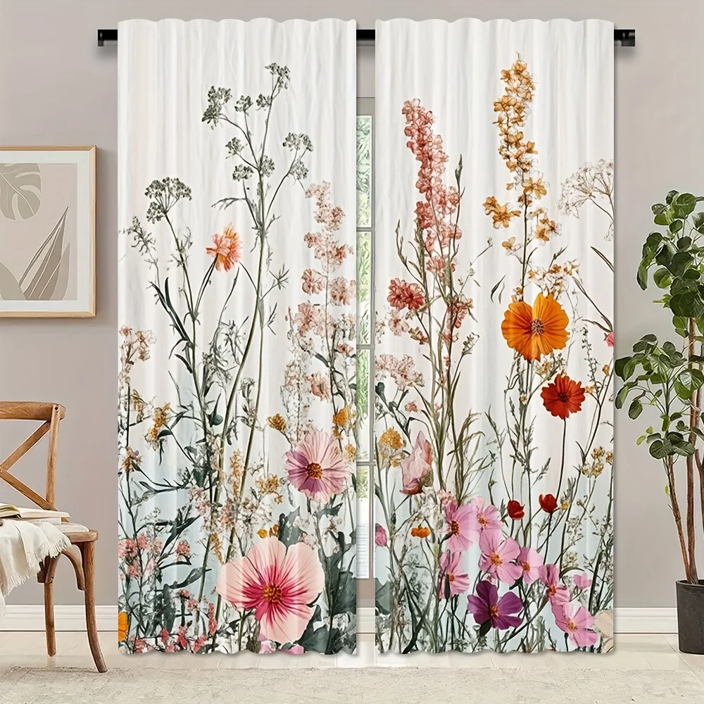 2pcs Rtic Floral Curtains with Green Leaf Design, Rod Pocket for Easy Hanging, Vibrant Wildflower Botanical Print for Bedroom