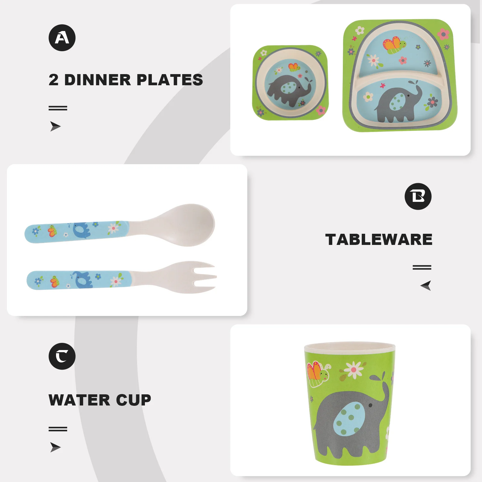 5-teiliges Kinder-Bambus-Essset für Kleinkinder, Geschirr-Set, Teller, Schüssel, Tasse, Gabel, Löffel für Kinder, selbsternährendes Kinder-Ess-Set