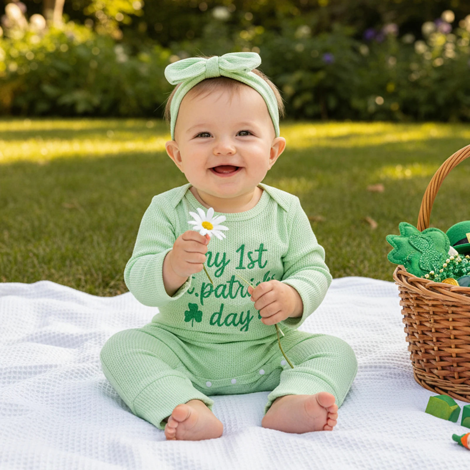 Baby Girls Rompers Irish Clothes Clover Letter Embroidery Long Sleeve Round Neck Infant Bodysuits Jumpsuits with Headband