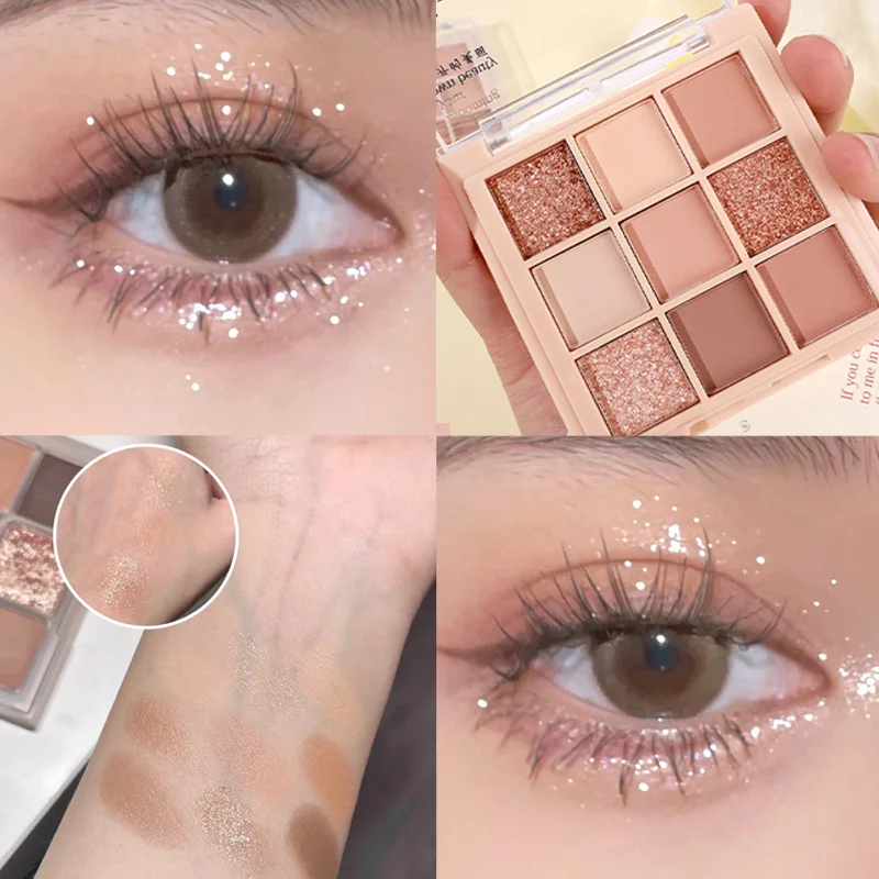 9สีอายแชโดว์แวววาว Palette Matte เพชรเลื่อม Eye แป้งกลิตเตอร์สีชมพู Shimmer Pigments Palette เครื่องสำอางทาตา