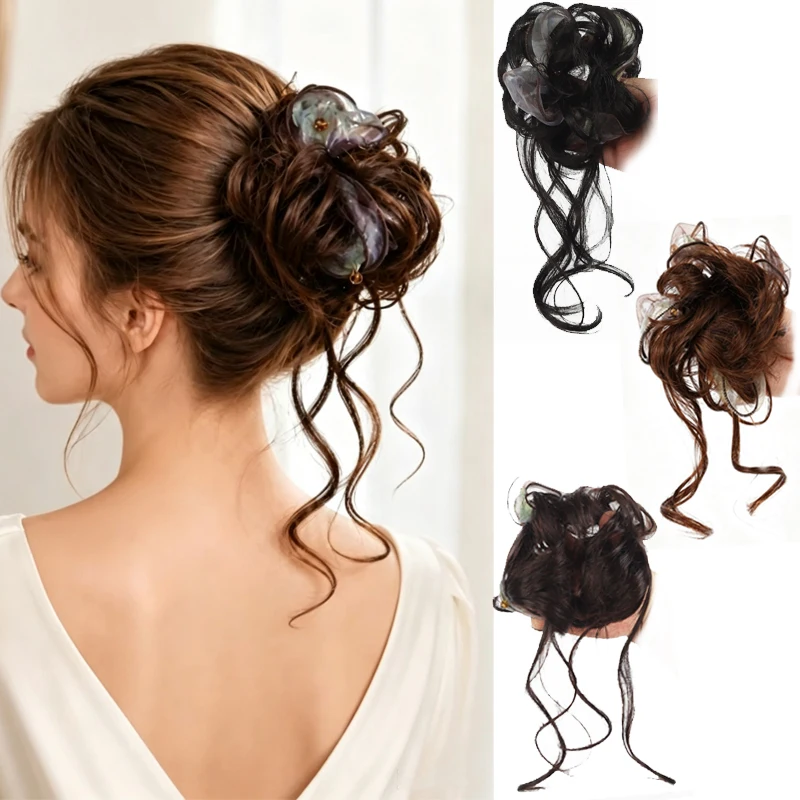 Women Synthetic Fiber Messy Bun Hair Extension Elastic Scrunchie Tulle Flower Decor Wispy Curly Flyaway Hair Pieces For Daily Ca