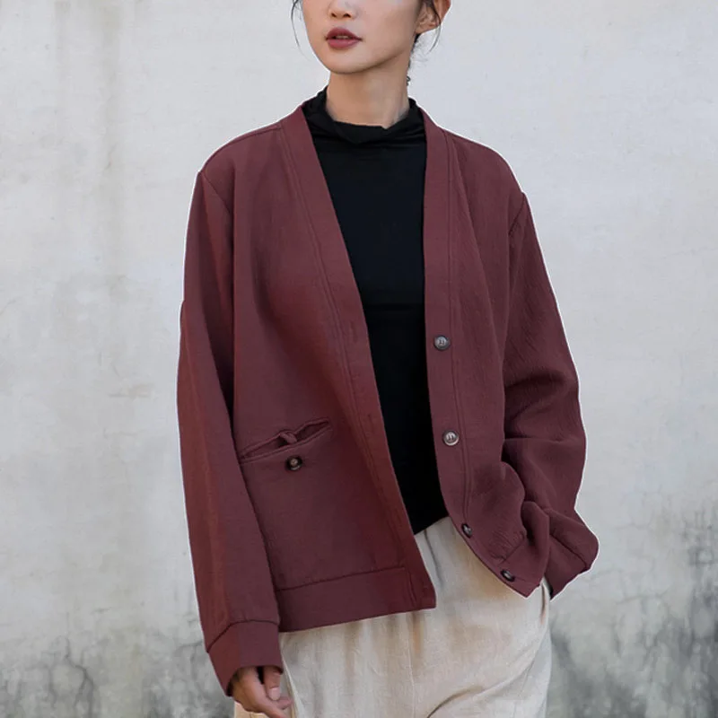 Gentle Literary Cotton Linen Solid Color Short Coat Women's Autumn Button Long Sleeve Cardigan Kimono Solid Color Trench Coat