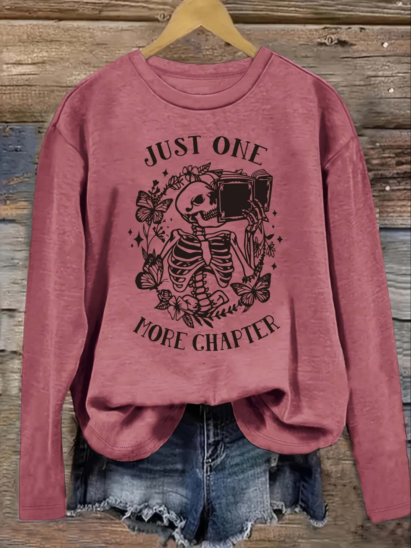 Women's Casual Long Sleeve Crew Neck T-Shirt Just One More Chapter Skeleton Design, Round Neck Women's Clothing, Machine Washable, Slightly Elastic, Loose Fit, Spring Autumn Winter Women's T-Shirt, Halloween Costume Outfit view 3