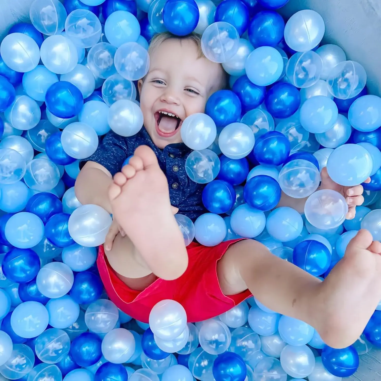 Bolas de bolas para niños pequeños, accesorios de bolas de plástico a prueba de aplastar, azul + azul profundo + blanco pera + 100 bolas transparentes