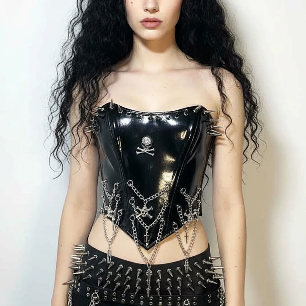 Goth Tops Rave Outfits Festival Bra Punk Rock Clothes Spiked ALT Grunge Emo Clothing Y2K T-shirt Gothic Tank Fairy with Spikes