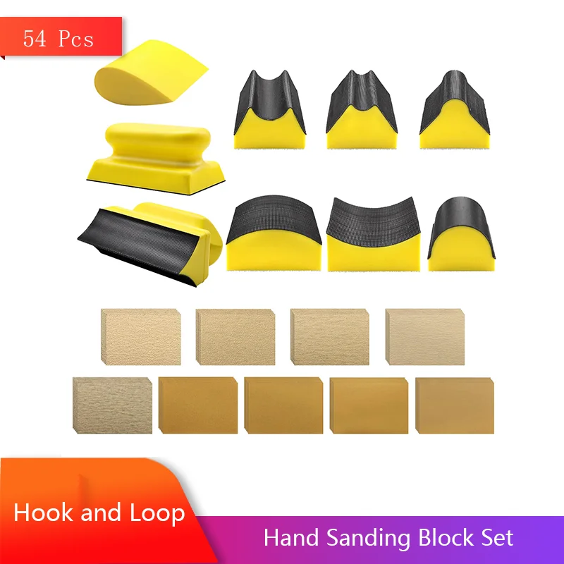 54 Pcs Hand Sanding Block Set Assorted Convex & Concave Shapes with Hook and Loop Sandpaper for Auto Body Woodworking Furniture