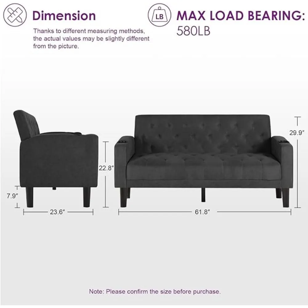 Conjunto de sofá tufado moderno de meados do século com 2 USB e 2 porta-copos, conjuntos de móveis de sala de estar de 3 peças para quarto e escritório