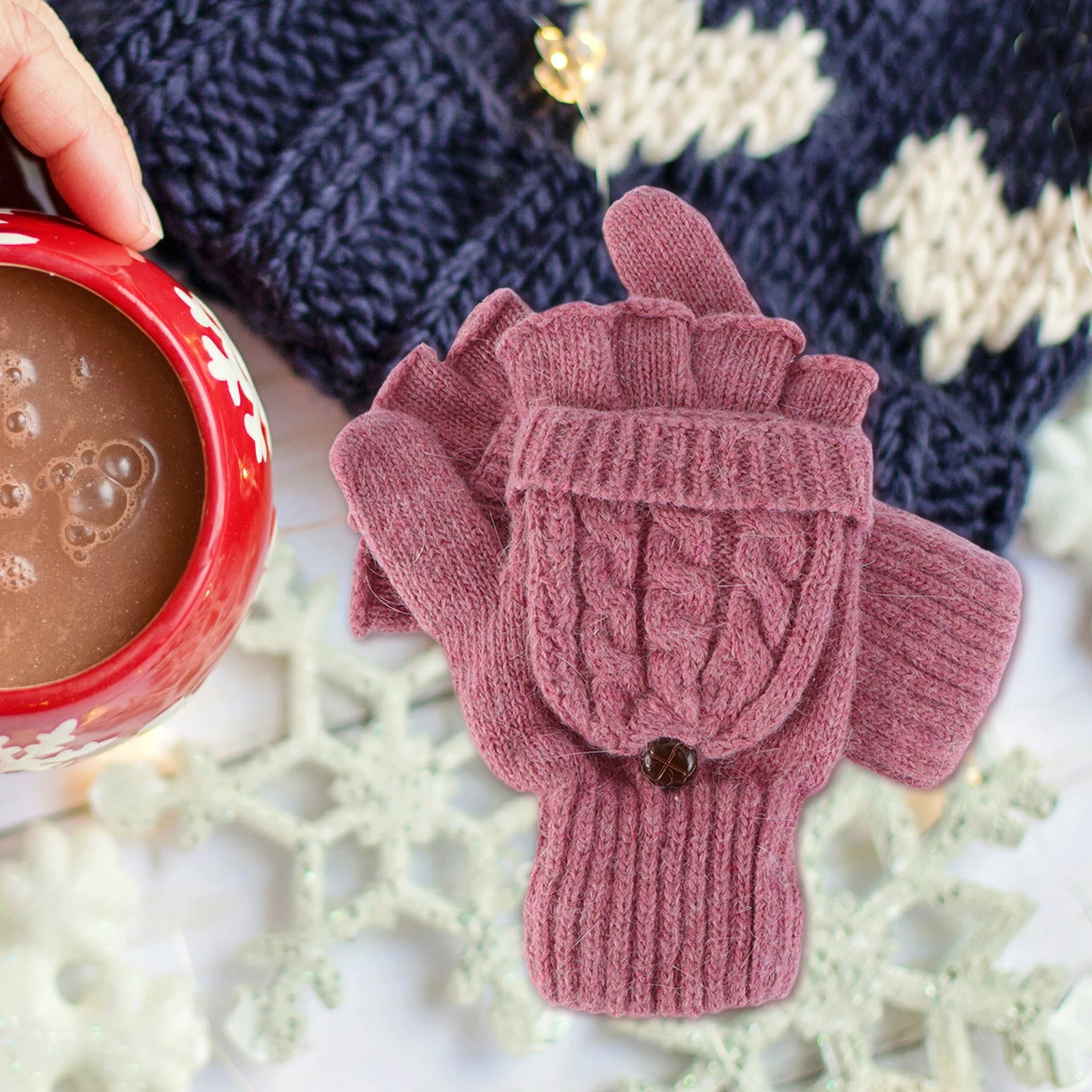 

Women Winter Warm Wool Knitted Fingerless Gloves Mitten Convertible Lightweight Portable Touchscreen Comfortable Hand Washable