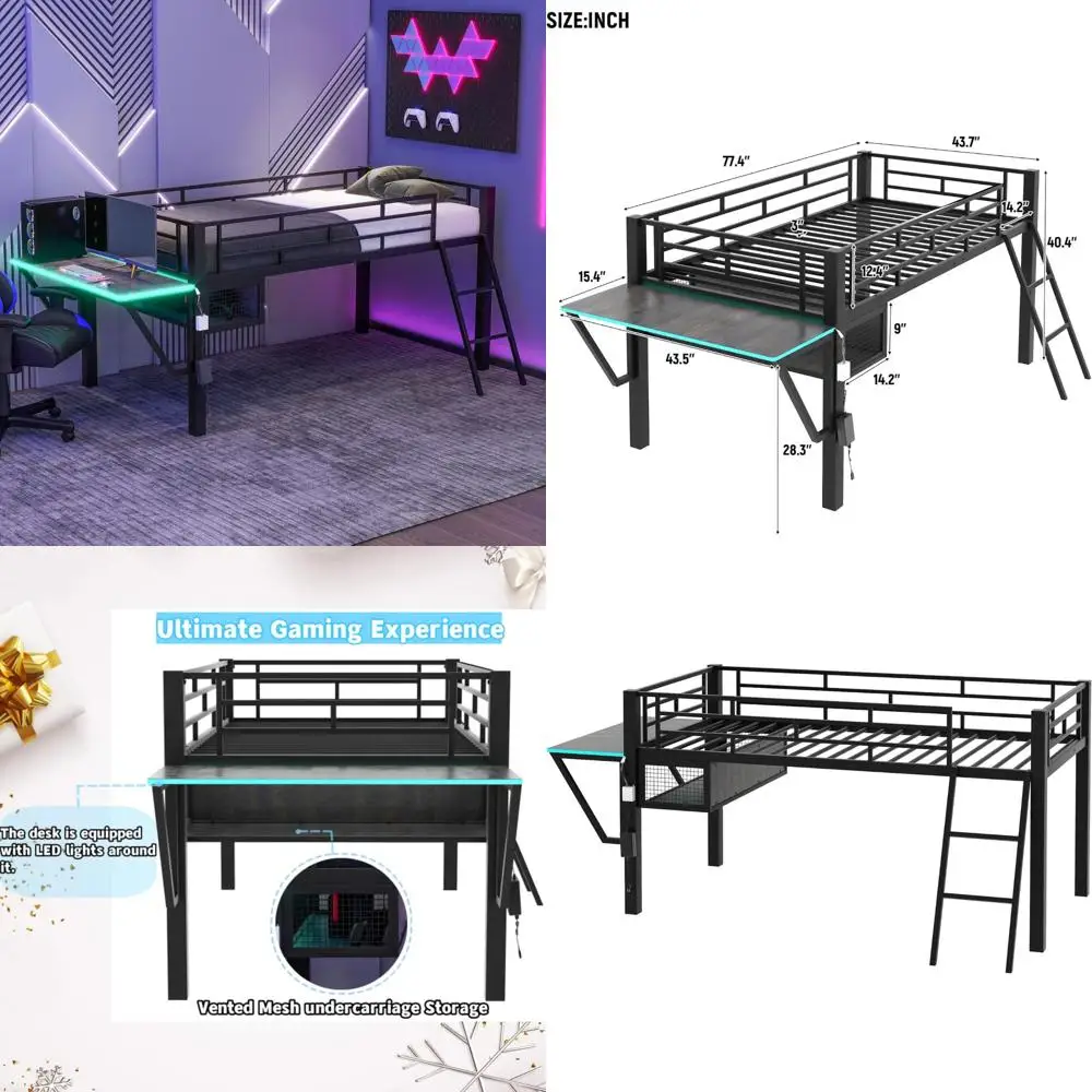 Linique Twin Size Gaming Loft Bed with Desk, LED and Staircase, Metal Loft Bed Frame with Vented Mesh Undercarriage Storage, Bla