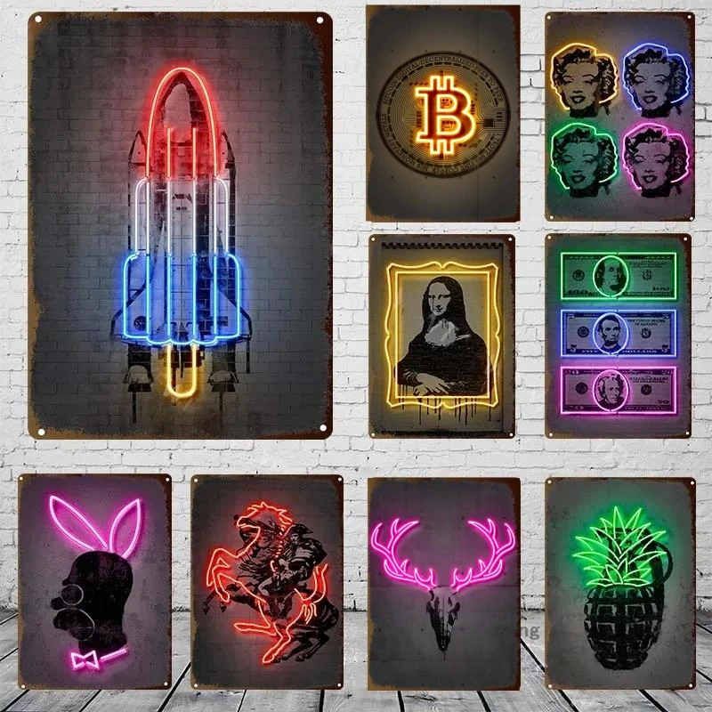 Letreros de estaño de Metal con varios elementos, efecto neón, cohete, Granada, Dólar, Mona Lisa, cartel de decoración, letrero de Metal, Bar, cafetería