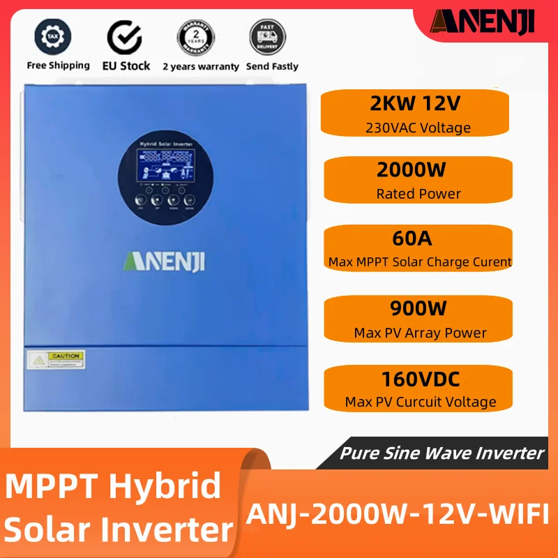 Inverter Solar hibrida 2000W, 12V 230VAC Off Grid gelombang sinus murni MPPT 60A pengontrol pengisi daya dengan WIFI