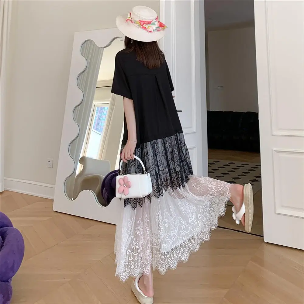 レディース ブラック レース プリーツ プラスサイズ Tシャツワンピース 新作 ラペル ハーフスリーブ ルーズフィット ファッション トレンド 春夏 ロングワンピース