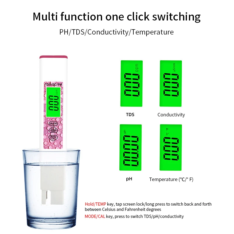 

PH Test Pen Four-in-one High-sensitivity Probe TDS/TEMP Pen Household EC One-point Calibration Water Quality Testing Meter