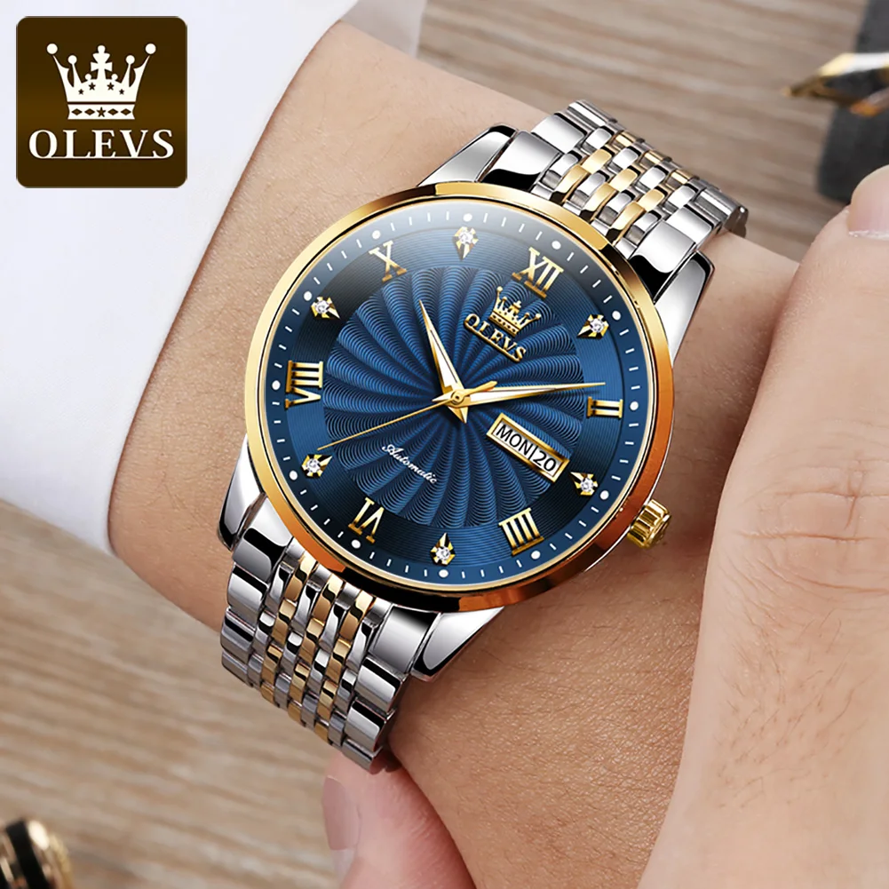 OLEVS 6630 Couple Watch Roman Diamond Scale Dual Calendar Cyclone Dial Automatic Mechanical Watch for Men Women Sets Gift