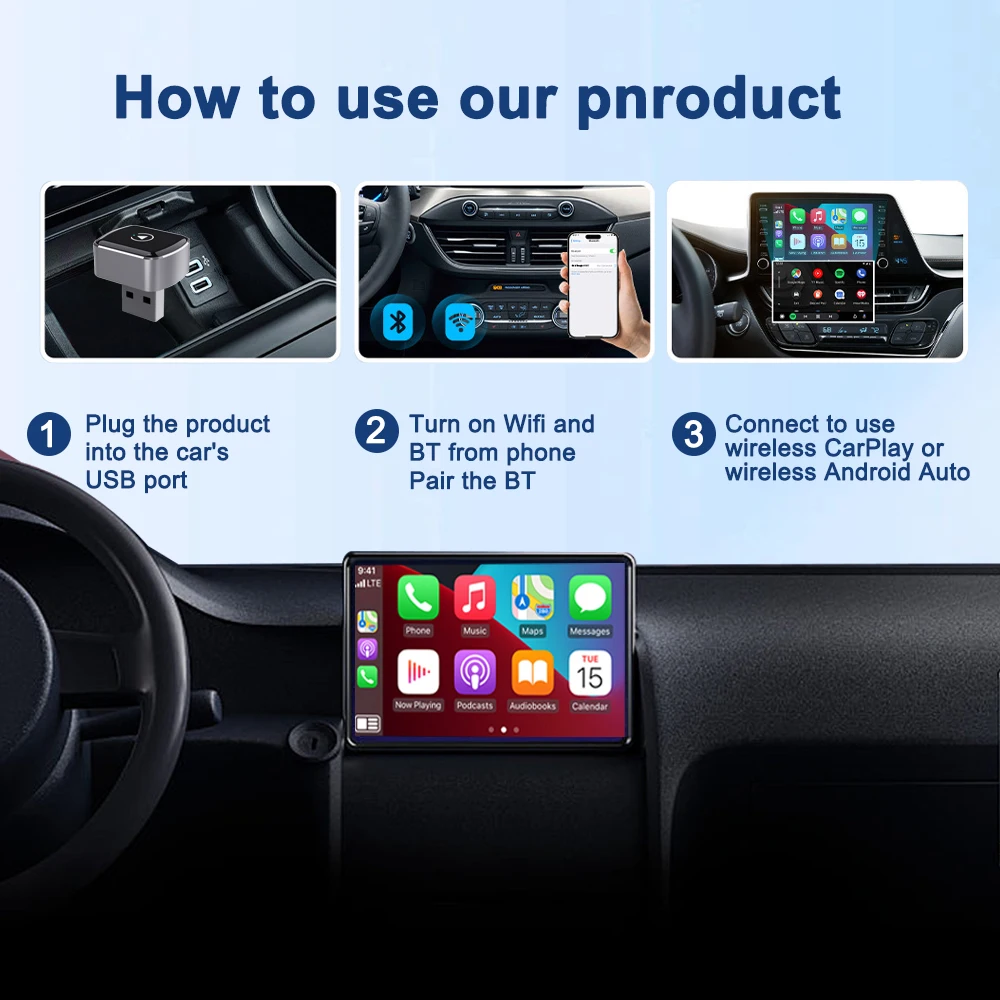 2-in-1 Wireless CarPlay and Android Auto Adapter - Plug-and-play, fast auto-connect, USB/USB-C ports, essential car accessory