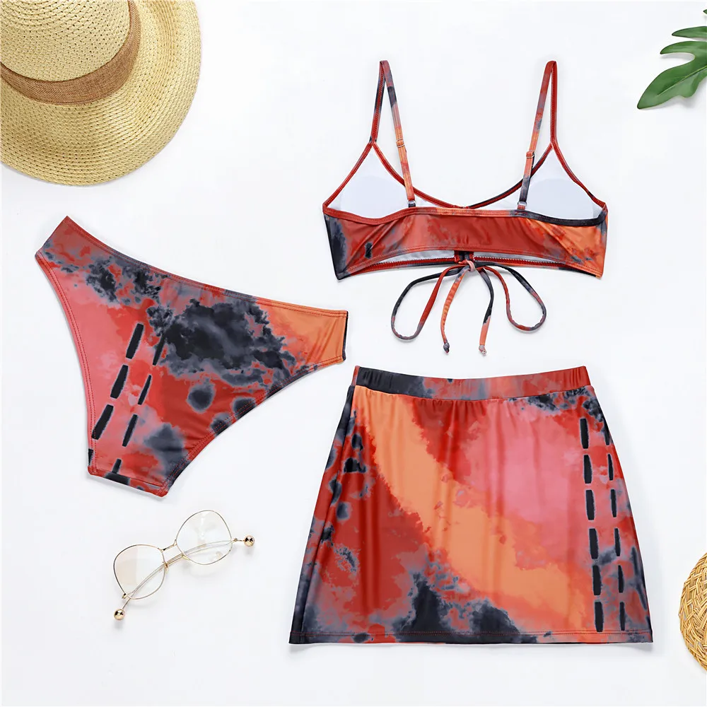 3 Piece Bikini Set Sexy Swimsuit Swimwear Women Drawstring Tie Dye Print Bikinis Set Bathing Suit Beach Skirt Cover Up Biquinis