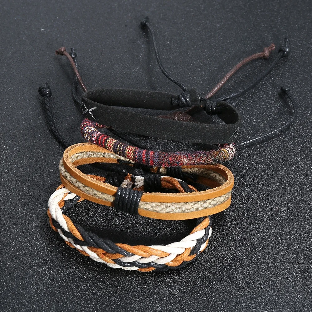 مجموعة أساور جلدية منسوجة يدويًا بأسلوب عتيق، أساور حبل بأسلوب بوهيمي، إكسسوار مجوهرات عصري شائع #2