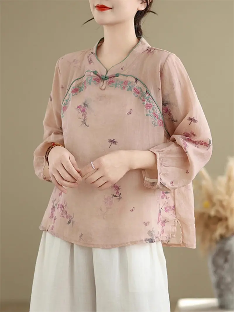 Retro Chinese Style Embroidery Improved Cheongsam Top Women's Spring And Autumn Clothing Top Temperament Printed Shirt A825