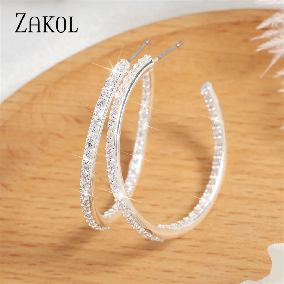 Korean Fashion micropave Zircon Hoop earrings for women exquisite silver color Large C shaped earring Wedding bridal jewelry