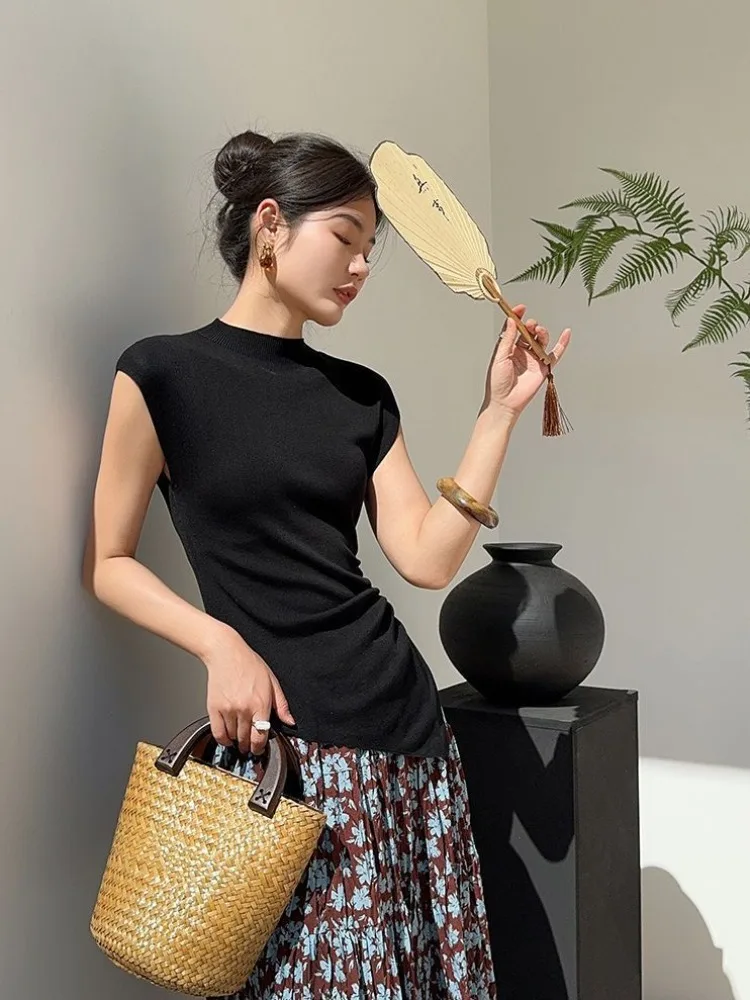 Summer French O Neck Small Fly Sleeve Basic Shirt Simple Temperament Backless Single Breasted Clothes Side Drawstring Split Tops