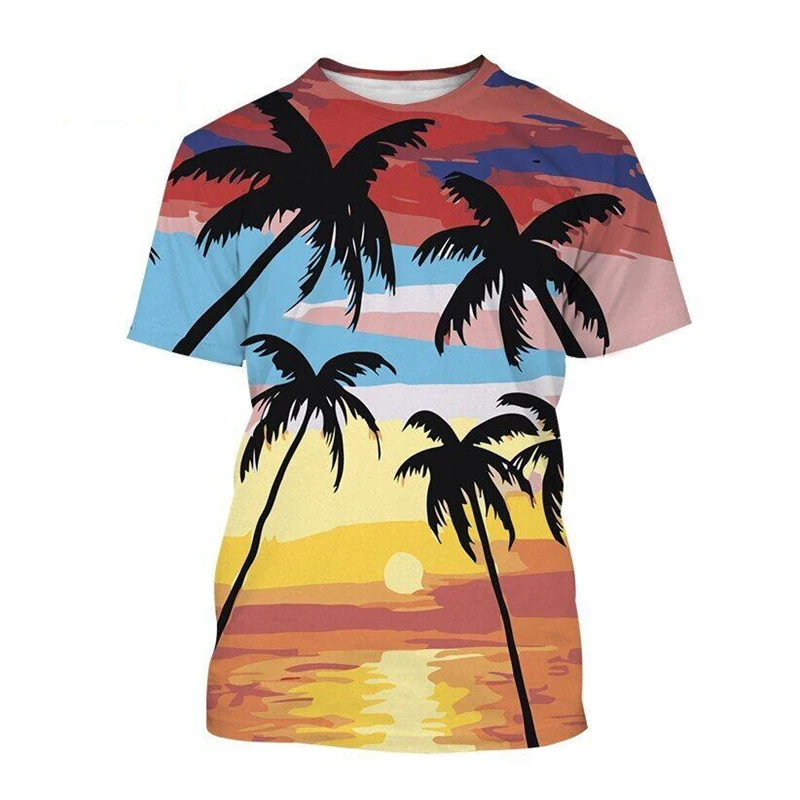 

Hawaii 3d Printed T-shirt For Men Coconut Tree Sunset Scenery Short Sleeves T-shirt Outdoor Casual Surf Clothing Oversized Tees
