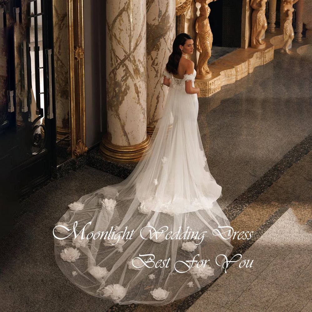 Elegant Boat-Neck Mermaid Wedding Dress Women Sleeveless Flowers Satin High Side Split Open Back Vestidos De Novia Customized