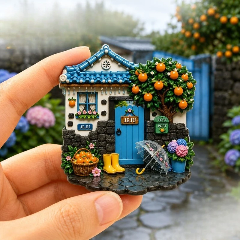 Jeju Citrus Rain House Fridge Magnet - Cozy 3D Korean Island Souvenir Unique Asian Travel Gift for Rustic & Cottage Decor