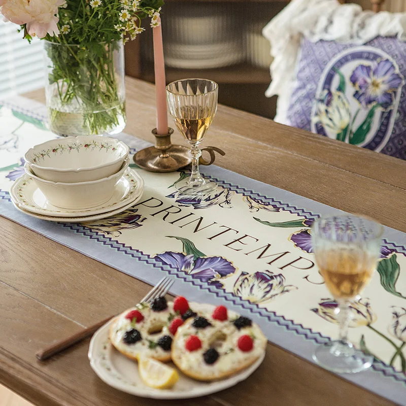 Country Style Short Plush Elegant Table Runner Purple Luxury Home Table Decoration and Accessories Handmade Tassel Customization