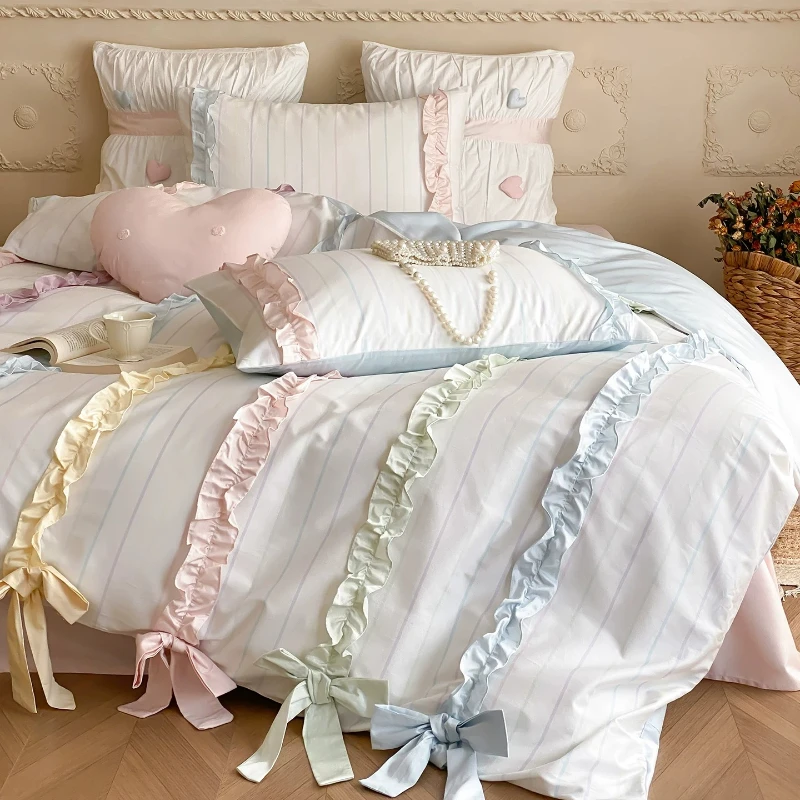 Pure cotton cotton bed four-piece princess style bow quilt cover sheets cute bedding