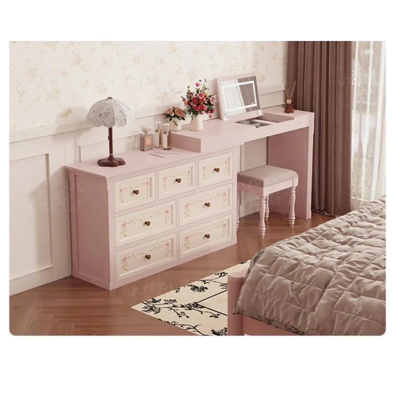 Pink chest dresser bedroom hand-painted storage solid wood two-in-one dresser makeup table