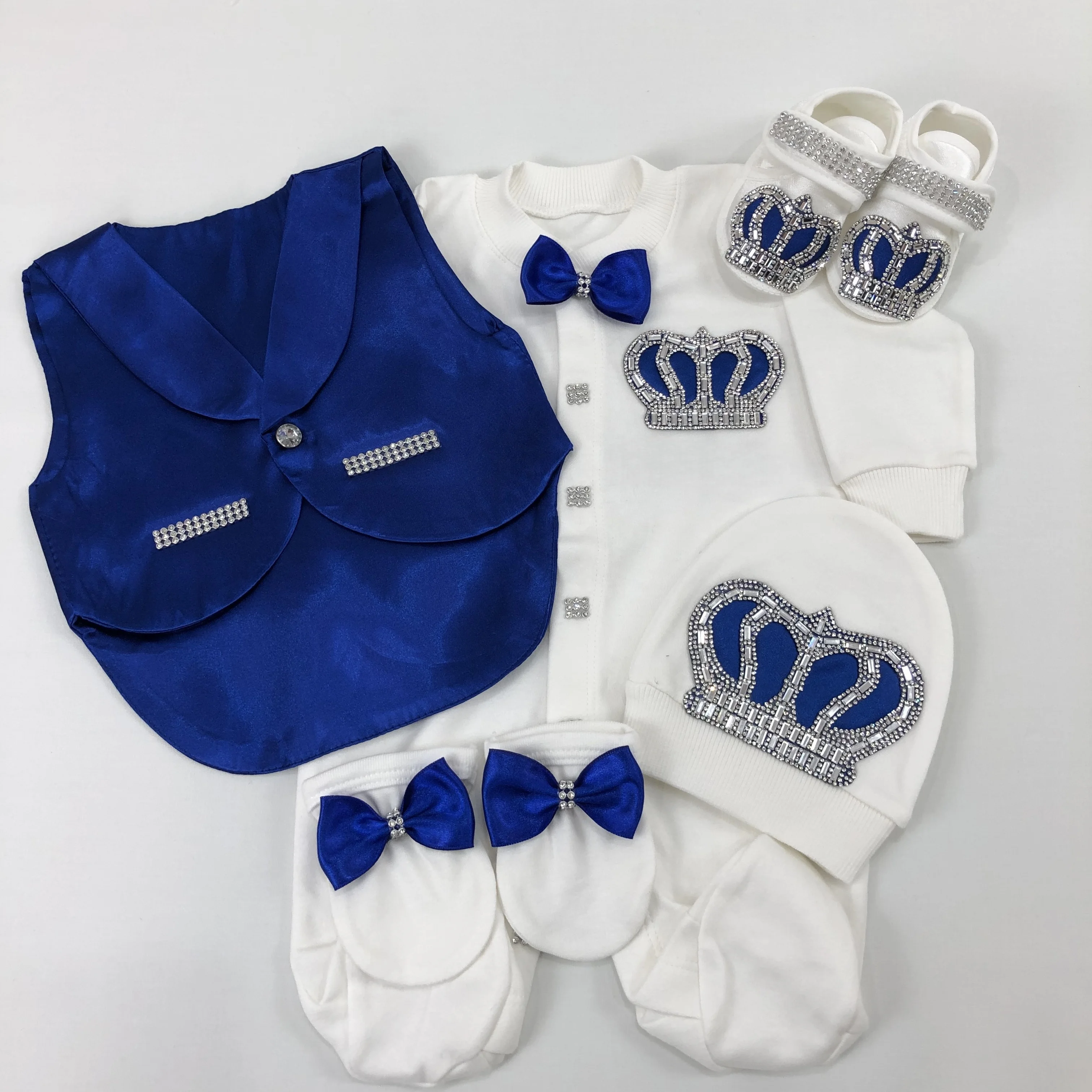 Satin Vest Bow Tie Rhinestone Crown Baby Footed Romper Newborn 0-9 Months 5Pcs White Royal Blue Prince Royal Jumpsuit Gift