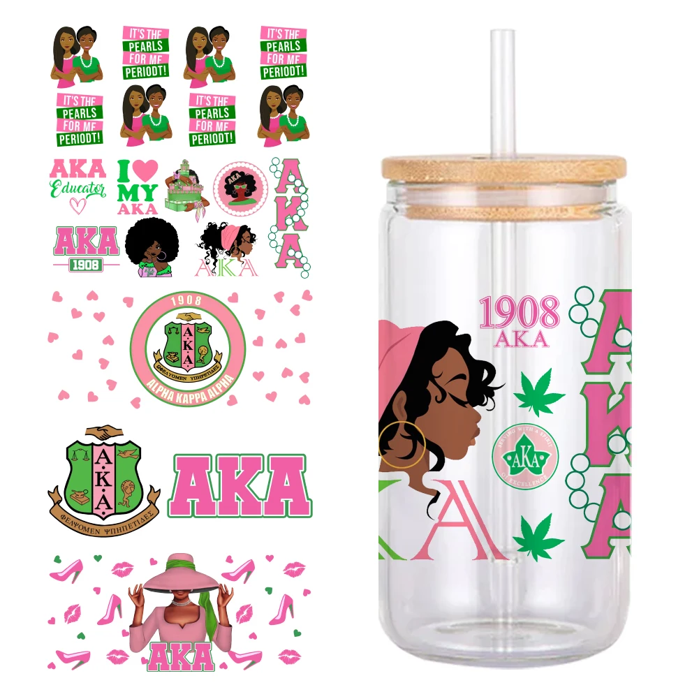 Alpha Kappa Alpha AKA Sorority 11*24cm UV DTF Wrap Sticker DIY For 16oz Libbey Glass Cup Waterproof Decals Coffee Cup Sticker