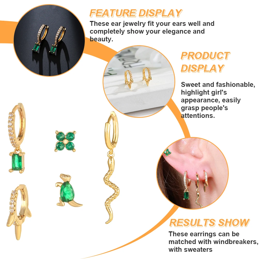 

5 Pcs Animal Earrings Set Green Nose Personality Rhinestone Jewelry Zircon Studs Miss