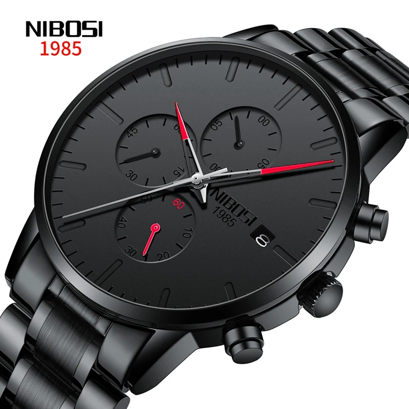 

NIBOSI 2024 New Fashion Multifunctional Quartz Watch Black All Steel Men's Sports Watches Timer Stopwatch Luminous Waterproof