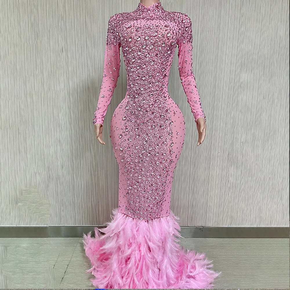 

Customized New Long Sleeve Feather Streaking lace High Elastic Sequins Sexy Tight Dress Birthday Party Dress Performance Dress