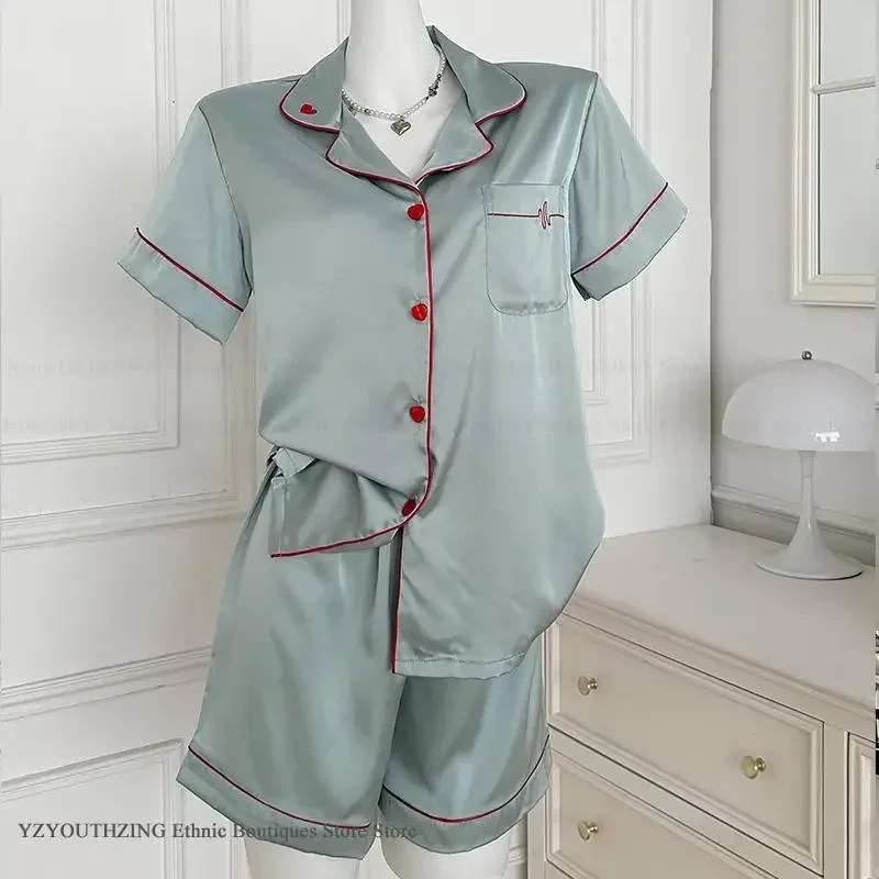 

Spring Summer Ice Silk Sleepwear Female 2PCS Pajamas Set Green Short Sleeve Pijamas Home Clothing Pyjama Pour Femme Lingerie