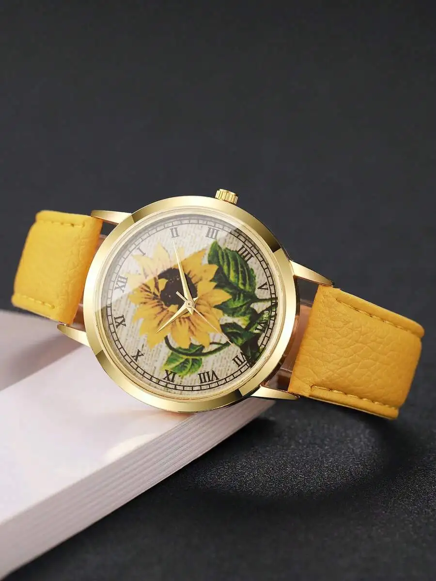 Women's Classic Elegant Solar Flower Dial Roman Numeral Fashion Casual Leather Strap Quartz Wrist Watch, 1 Pc/Set (Watch Box