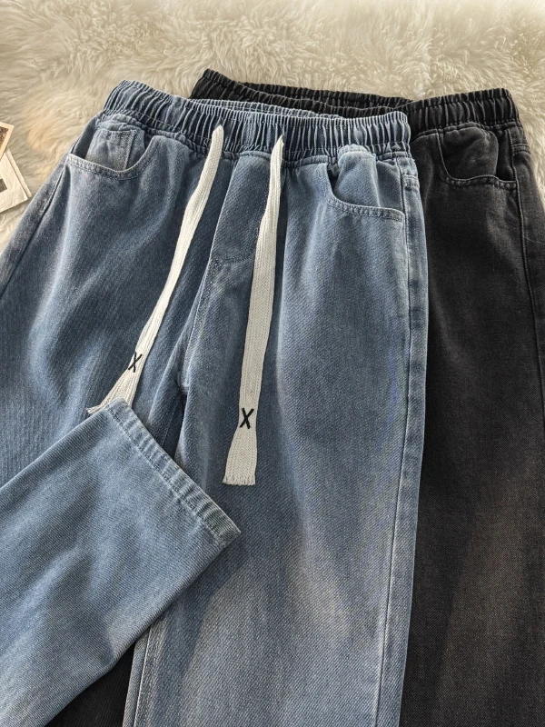 

Модные мужские джинсы-стринги свободного кроя с прямыми широкими штанинами, длинные брюки в американском стиле, повседневные, удобные, эластичные, из денима