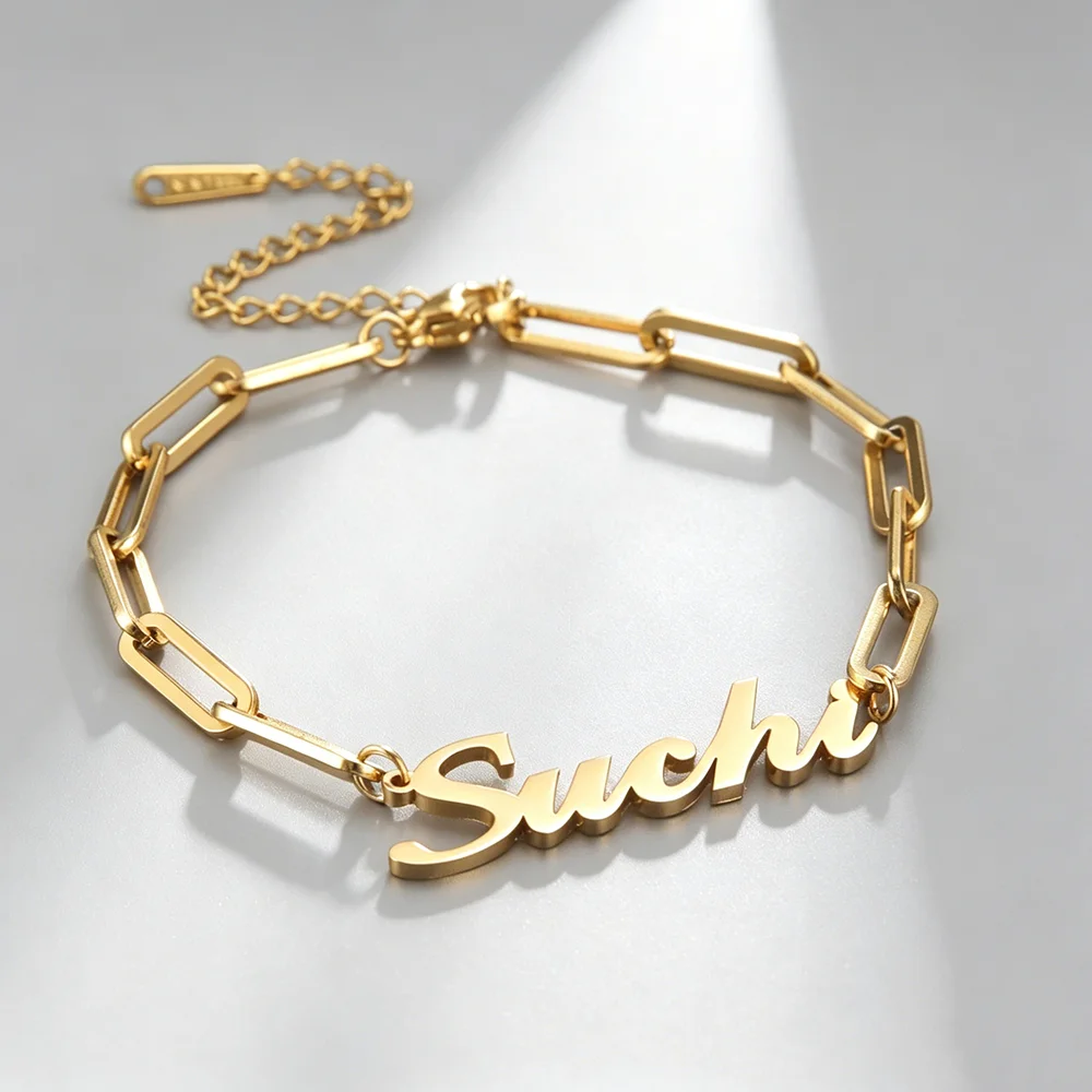 

Personalized Name Cuff Bracelet Stainless Steel Adjustable Chain Bracelet Custom Name Jewelry Gifts for Women and Girls