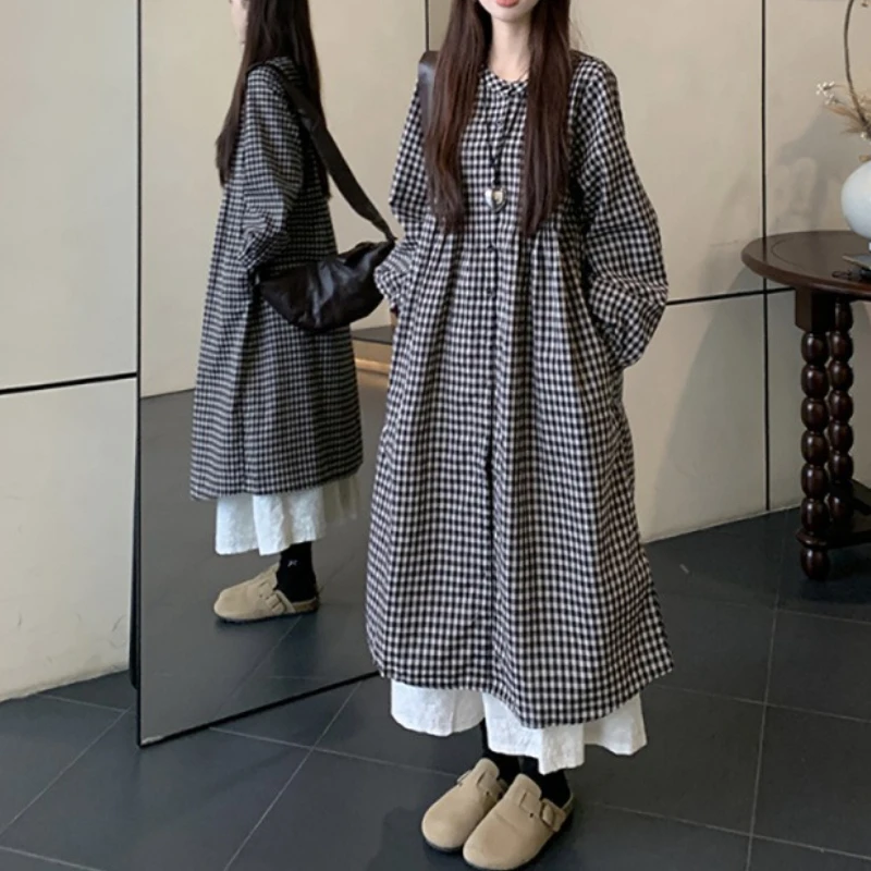 اليابانية منقوشة قميص طويل الأكمام تنورة المرأة الخريف الطبقات كسول نمط طالب مزاجه فستان المرأة قطعتين دعوى