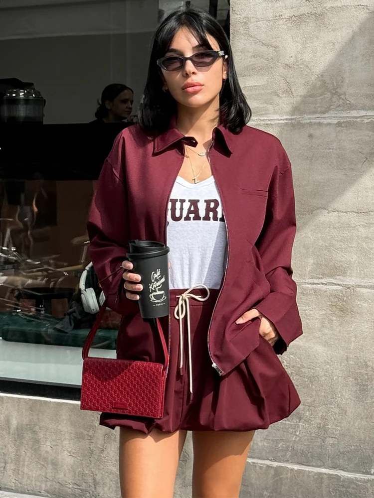 TRAFZA Women's Autumn Fashion 2-Piece Set Wine Red Turn-Down Collar Long Sleeves Zipper Jacket+Elegant High Waist Lace-Up Skirts