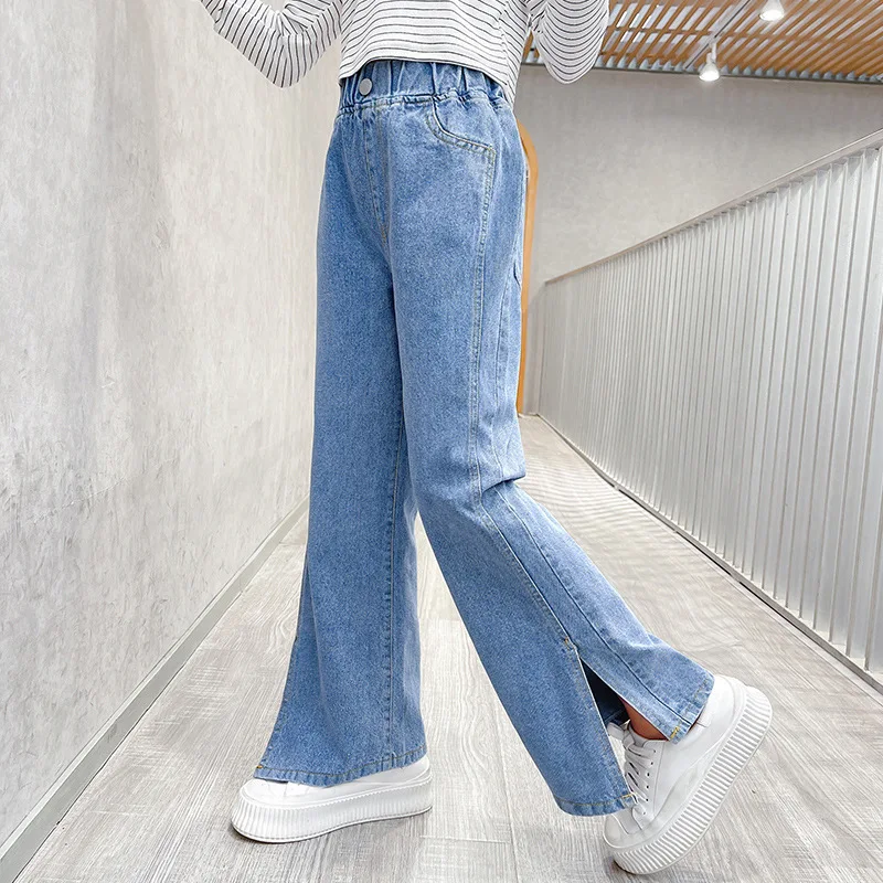 Girls' Slim Fit Jeans for Spring and Autumn. Juvenile and Youthful Cuffed Jeans with Split Hem. Hipster Long Pants.