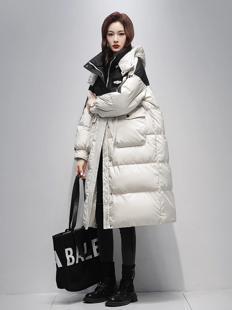 Down Jacket Women Long Hooded Trendy Outdoor 2024 Winter New Fashion Letter Three-proof Thick Coat Heat Storage