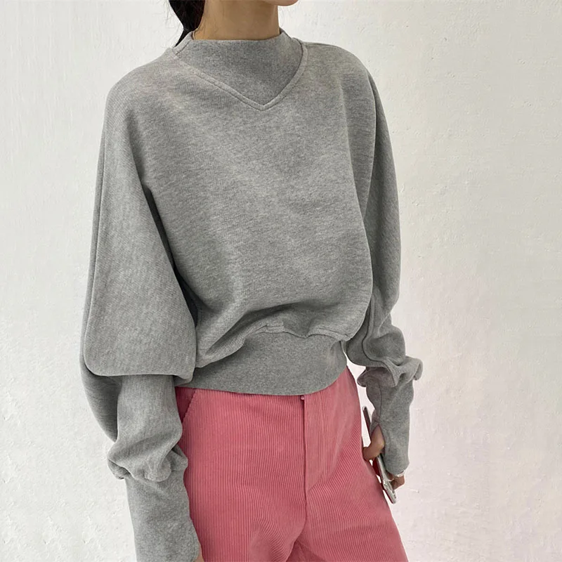 Sweat-shirt court cintré pour femme, coupe ample, manches longues chauve-souris, col rond, style streetwear, gris, pull-over, vêtement d'extérieur