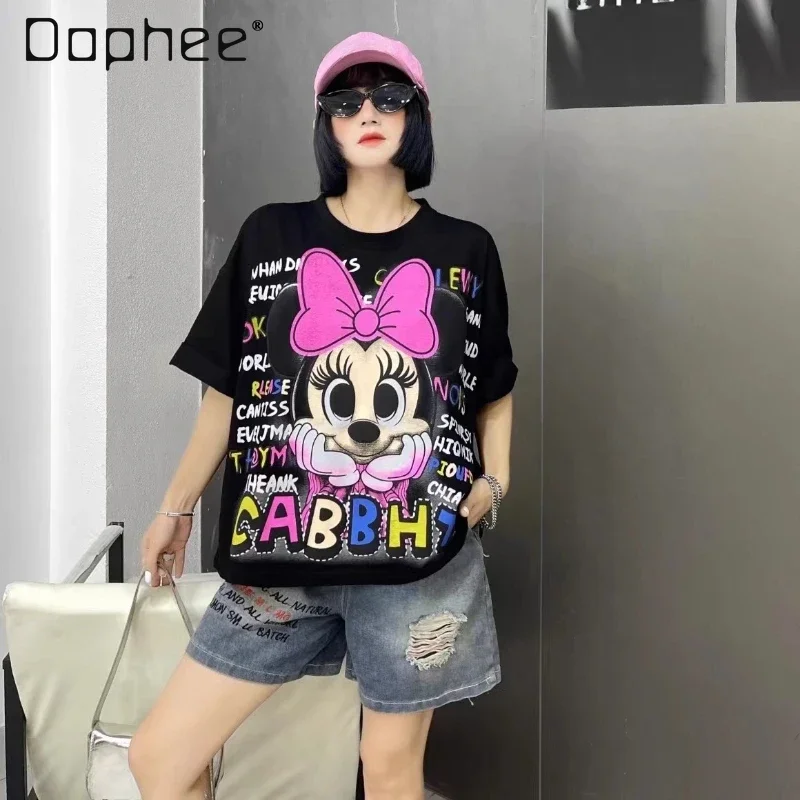 

Summer 2025 New Popular Tees Loose Heavy Industry O-neck Short-sleeved T-shirt Top Women's White Black Kawaii Tshirt