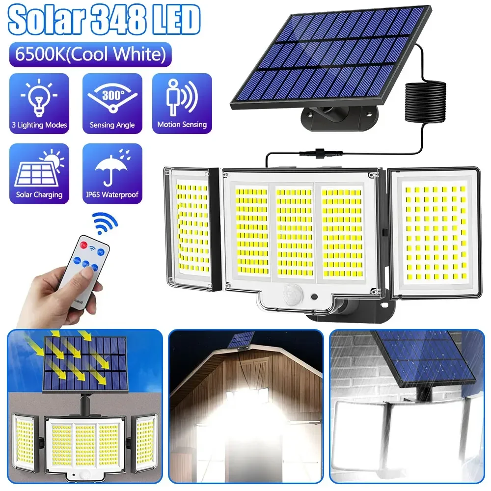 Solar Lights Outdoor 348 LED Motion Sensor Lights with Remote 3 Heads Solar Powered Flood Lights Security Lights for Outside