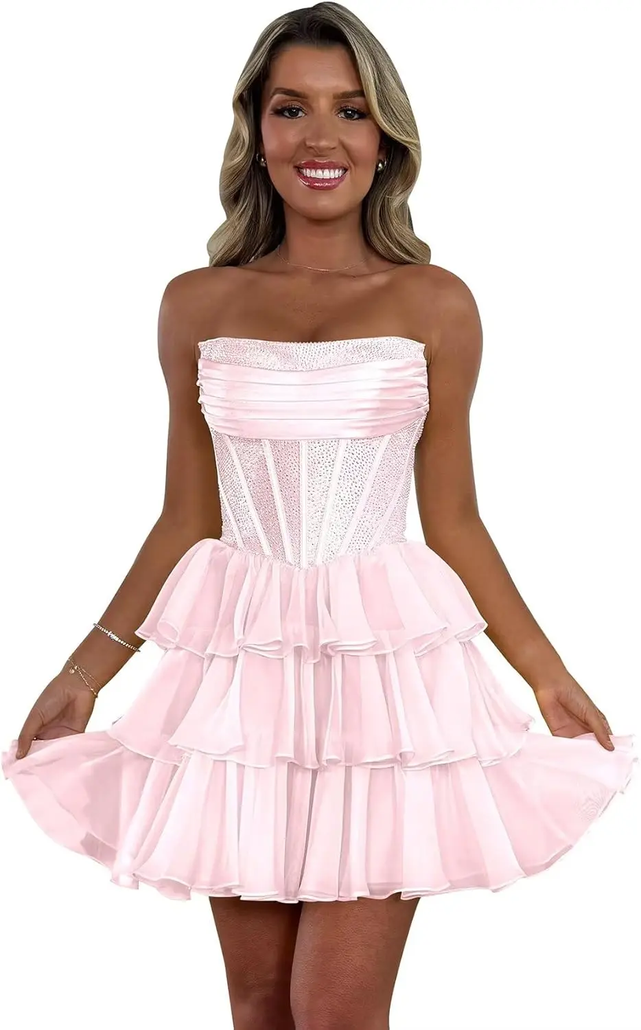 

Блестящие платья для встречи выпускников трапециевидной формы для подростков Многоуровневое шифоновое короткое платье для выпускного вечера без бретелек выше колена, мини-коктейльные платья