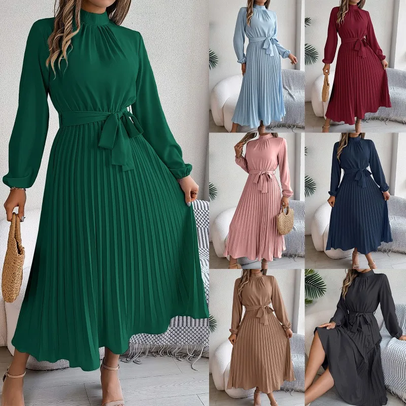 

European American spring and autumn elegant stand-up collar long sleeves cinched waist, pleated long dress, small evening dress